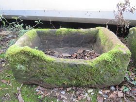 A SMALL ANTIQUE RECTANGULAR SANDSTONE TROUGH, 55 x 39 cm, A/F