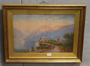 J. JOHNSON (XIX). A lakeland scene at Llyn Ogwen with figures, dog and boat, see inscription