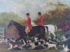 (XIX). British school, huntsmen on horseback with a pack of hounds, unsigned, oil on canvas laid