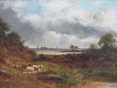 J. MORRIS (XIX-XX). British school, stormy wooded landscape with sheep by a stream , village beyond,