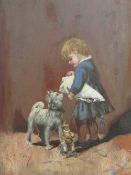 (XIX-XX). Continental school, study of a young child with a cat wrapped in a blanket, being