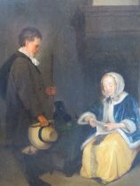 (XVIII). Dutch school, an interior scene with figures, the woman reading a letter, unsigned, oil