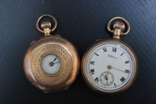 A 14K CASED SMALL HALF HUNTER FOB WATCH, together with a gold plated Waltham example, Dia 3.25 cm (
