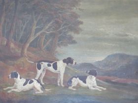 W. CHAPMAN. Study of three hounds in a wooded mountainous landscape, signed and dated 1877 verso,