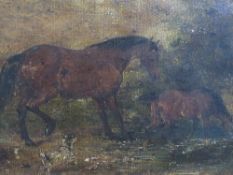 A 19TH CENTURY STUDY OF A HORSE, FOAL AND DOG IN A WOODED LANDSCAPE, unsigned, oil on canvas laid on