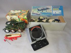 A VINTAGE BOXED ELECTRICALLY DRIVEN ARMOURED CAR BY SANCHIS, a vintage battery operated Hawker