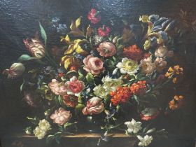 (XX). Continental school, still life study of numerous flowers on a table, unsigned, oil on