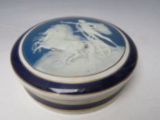 A LIMOGES BLUE GROUND PATE SUR PATE CIRCULAR BOX AND COVER, printed and painted marks to base