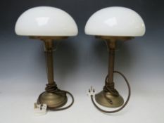 A PAIR OF VINTAGE ART DECO STYLE TABLE LAMPS, having reeded columns and white opaline glass