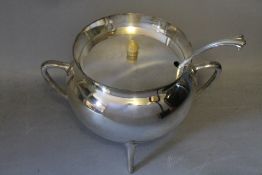 A SILVER PLATED LIDDED TUREEN BY WALKER & HALL IN THE STYLE OF CHRISTOPHER DRESSER, upon three