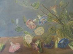 (XIX). A still life study of flowers and foliage on a table, unsigned, watercolour, framed and