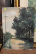 AN UNFRAMED OIL ON BOARD ENTITLED HALSTOCK RD BY D. ARMOUR SIGNED LOWER LEFT
