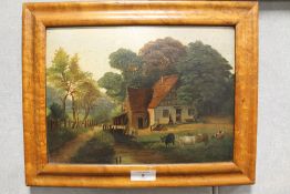 A SMALL NAIVE 19TH CENTURY OIL ON BOARD DEPICTING A FARMYARD, IN MAPLE FRAME, 21 x 29 cm