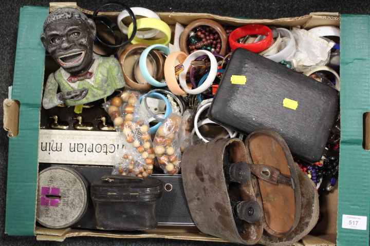 A TRAY OF ASSORTED COLLECTABLES TO INCLUDE COSTUME JEWELLERY , BINOCULARS ETC