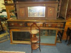 A VINTAGE OAK MIRRORED HAT STAND AND TWO MIRRORS AND DUMB WAITER (4)