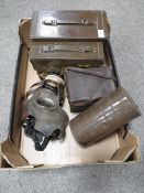 TWO BRITISH ARMY METAL AMMO BOXES FOR 7.62MM &.50CAL' CARTRIDGES, PLUS THREE WW2 GAS RESPIRATORS