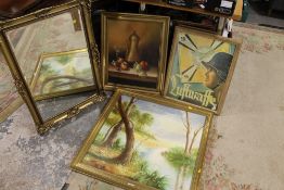 A QUANTITY OF PICTURES TO INCLUDE AN EARLY PAIR OF 19TH CENTURY OILS, GILT MIRROR ETC (BY ROCKING