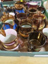 A TRAY OF COPPER LUSTRE JUGS ETC