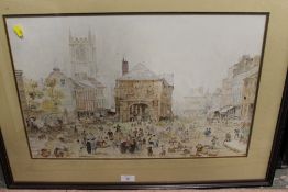 A FRAMED AND GLAZED WATER COLOUR OF A BUSTLING MARKET TOWN SCENE