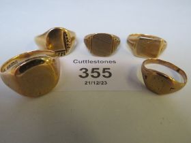 FIVE 9CT GOLD SIGNET RINGS, APPROX W 25.6 G