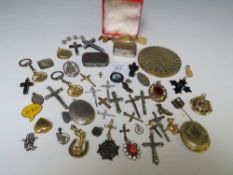 A QUANTITY OF CRUCIFIXES, PENDANTS, BADGES, CUFFLINKS, SNUFF BOXES, COMPACT ETC
