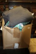 A BOX OF ASSORTED CUSHIONS, THROWS ETC