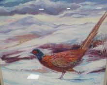 A FRAMED AND GLAZED OIL ON CANVAS OF A PHEASANT RUNNING ON A SNOWY HILLSIDE SIGNED LOWER RIGHT LIBBY