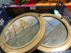 THREE OIL PAINTINGS ON BOARD BY NJ FIELD OF 1850s TALL SHIPS FRAMED IN BRASS PORTHOLE STYLE FRAMES