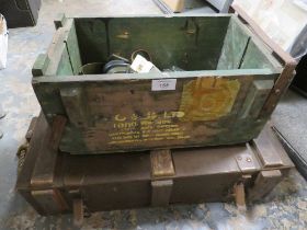 TWO WOODEN AMMO CRATES, WOODEN RIFLE STOCK AND MISCELLANEOUS MILITARIA