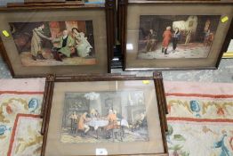 THREE STYLIZED OAK FRAMES AND GLASS CONTAINING VINTAGE PRINTS