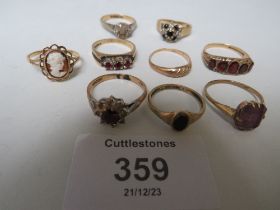 NINE LADIES 9CT GOLD DRESS RINGS, SET WITH VARIOUS STONES, TO INCLUDE GARNET AND CAMEO TYPES, APPROX