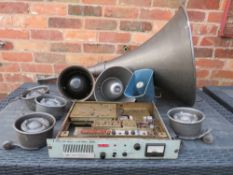 A TRAY OF EXTERNAL HORN SPEAKERS, A PYE TRANSMITTER PLUS A LARGE EXTERNAL HORN SPEAKER