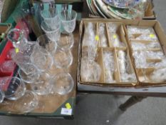 TWO TRAYS OF ASSORTED GLASSWARE TO INCLUDE DECANTER AND WINE GLASSES