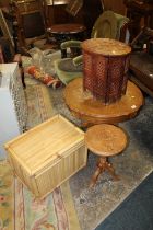 A ROUND TABLE A/F, PLUS A WICKER BOX AND TWO EASTERN TABLES