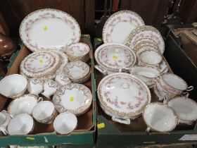 TWO TRAYS OF MAINLY ROYAL ALBERT DIMITY ROSE DINNER WARE AND SALISBURY CHINA