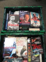 A QUANTITY OF MAINLY HARD BACK BOOKS , FORMULA ONE AND MOTOR RACING EXAMPLES (TRAYS NOT INCLUDED)