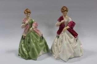 ROYAL WORCESTER FIGURINE FIRST DANCE WHITE DRESS, RASPBERRY SHAWL TOGETHER WITH ANOTHER FIRST