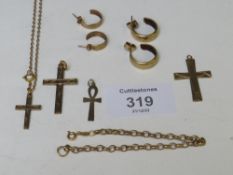 A SMALL QUANTITY OF 9CT GOLD JEWELLERY, TO INCLUDE CRUCIFIXES, EARRINGS ETC., APPROX WEIGHT 12.76 G