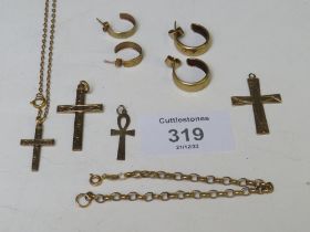 A SMALL QUANTITY OF 9CT GOLD JEWELLERY, TO INCLUDE CRUCIFIXES, EARRINGS ETC., APPROX WEIGHT 12.76 G