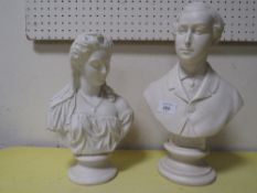 TWO PARIAN WARE STYLE BUSTS ONE OF A LADY AND ONE OF A GENTLEMAN