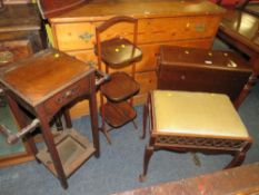 A MAHOGANY DROPLEAF TABLE, AN OAK HALLSTAND, PIANO STOOL AND DUMB WAITER