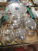 TWO TRAYS OF ASSORTED SILVER PLATED WARE TO INCLUDE DOME TOPPED ENTRÉE DISHES