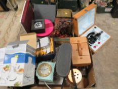 TWO TRAYS OF SUNDRIES TO INCLUDE A VINTAGE SMITHS CLOCK, BINOCULARS, BOXES ETC