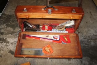 A CARPENTERS TOOL BOX WITH CONTENTS AND TWO WOODEN TOOL BOXES, A ZINC BUCKET AND A PAIR OF VINTAGE