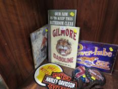A BOX OF MIXED SIGNS AND CAST IRON PLAQUES ETC