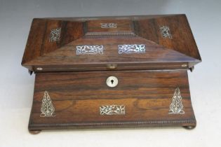 A LARGE ANGULAR TEA CADDY WITH MOTHER OF PEARL INLAY, sat on four turned feet, W 34 cm