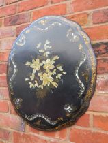 A DECORATIVE VICTORIAN PAPER MACHE AND MOTHER OF PEARL INLAID WALL HANGING / TRAY - H 64 CM