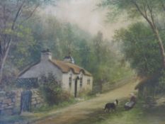 ALBERT MILTON DRINKWATER (1862-1923). 'A Cumbrian Cottage', with figure and dog, see verso, signed