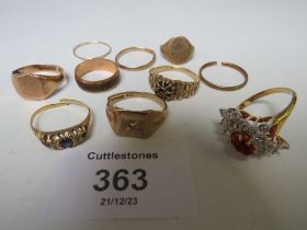 TEN ASSORTED YELLOW METAL & 9 CT GOLD RINGS, SOME STONE SET, ALL A/F, APPROX. W 25 G