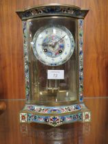 A ENAMELLED BRASS AND GLASS MERCURY WEIGHTED DOWN MANTLE CLOCK